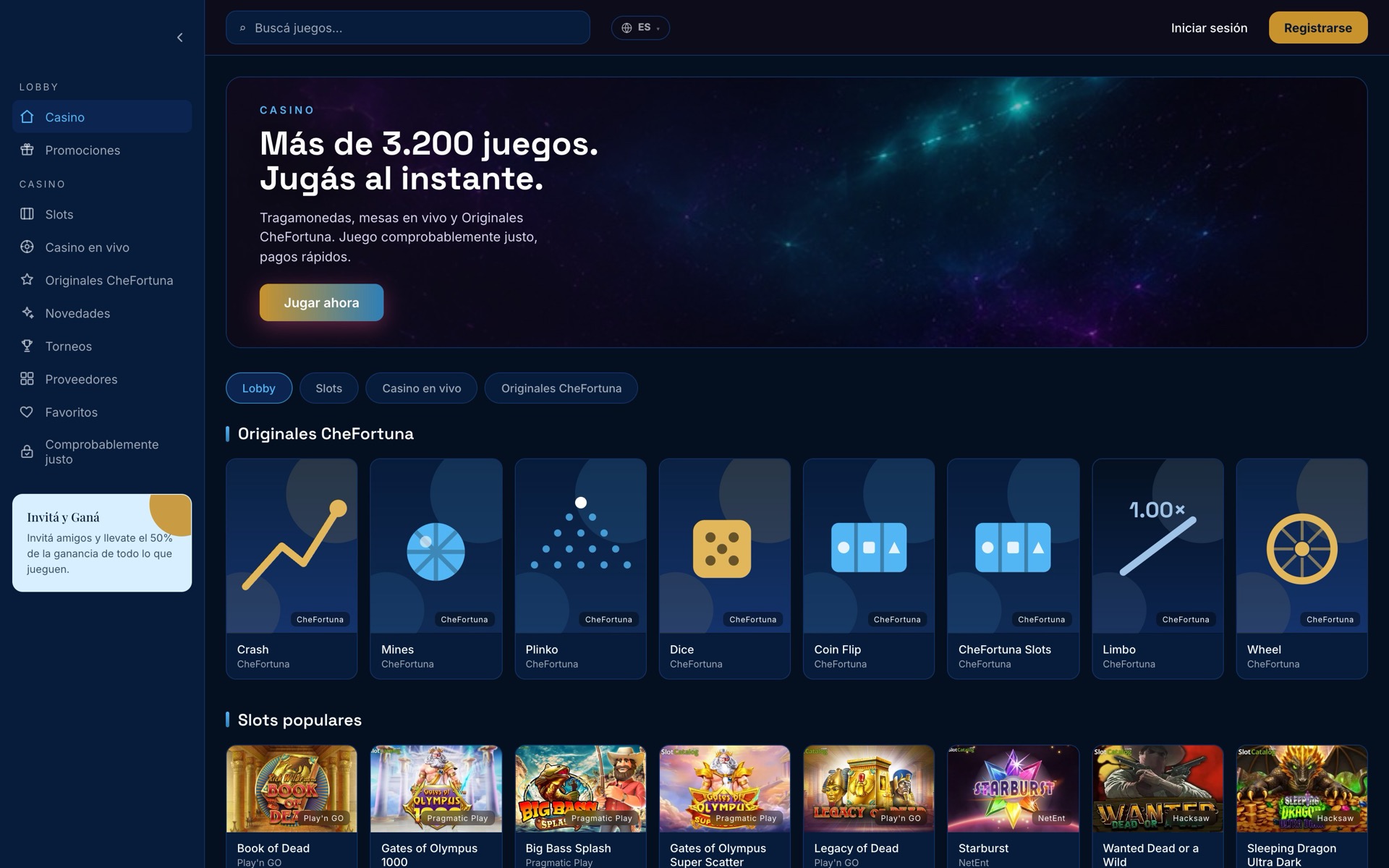 Midnight blue demo skin, desktop lobby, logo removed: casino lobby with the house originals row.