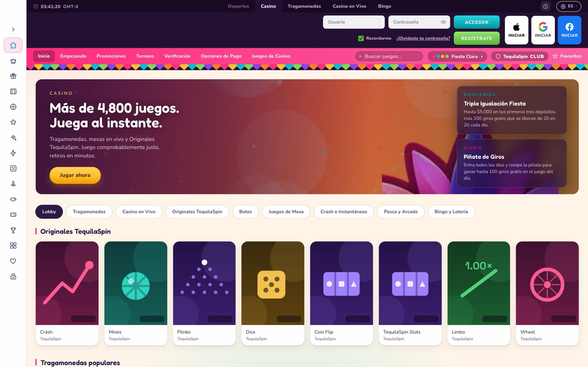 Fiesta demo skin, desktop lobby, logo removed: Spanish-language casino with welcome and daily promos and the house originals row.